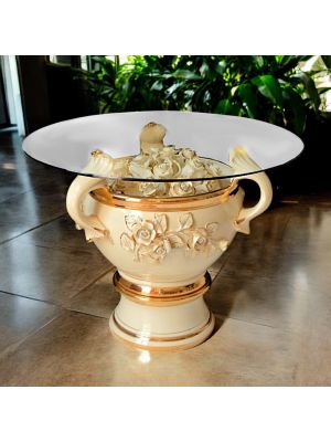 Prestigious ceramic table, with roses, crystals and golden details, handmade.