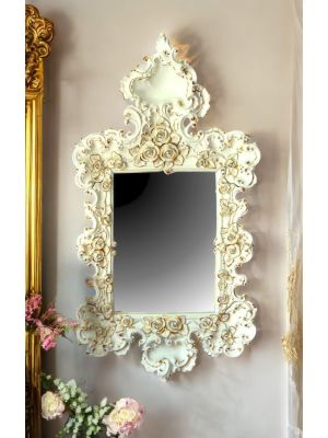 Ceramic mirror, decorated with roses, Swarovski crystals and gold details, handmade.