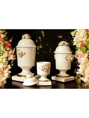 Set of 3 artistic ceramic jars, with roses, crystals and gold details, handmade.