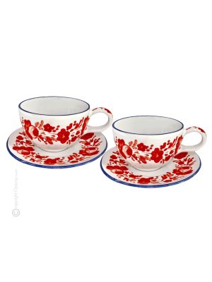 TAZZE FIORACCIO set breakfast cereal cups with saucers Castelli ceramic authentic handmade Abruzzo Made in Italy