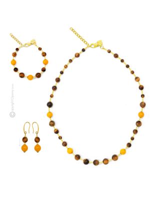 PARURE SCRIGNO jewellery set necklace bracelet earrings handmade pearls in Murano-Venice glass with Tiger's eye authentic Made in Italy
