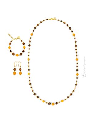 PARURE SCRIGNO jewellery set necklace bracelet earrings handmade pearls in Murano-Venice glass with Tiger's eye authentic Made in Italy