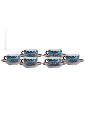 TAZZINE PESCI set 6 espresso coffee cups with saucers ceramic authentic handmade Sicily Made in Italy