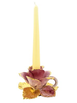 PORTACANDELE ROSA Candle Holders Candlestick Ceramic Artistic Baroque 24k Gold Made Italy