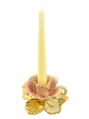 PORTACANDELE ROSA Candle Holders Candlestick Ceramic Artistic Baroque 24k Gold Made Italy