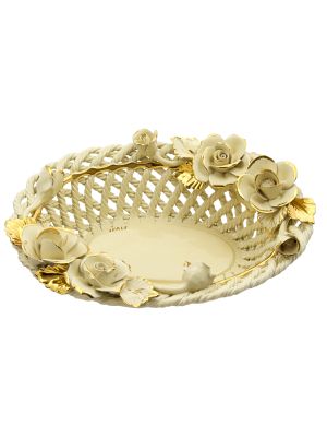 CENTROTAVOLA ROSEO Centerpiece Basket Bowl Ceramic Creations Baroque 24k Gold Made Italy-Cream-Gold