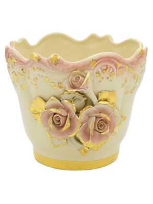 PORTAVASO ROSE 2 Cachepot Planter Ceramic Artistic 24k Gold Deco Handcraft Made in Italy-Pink