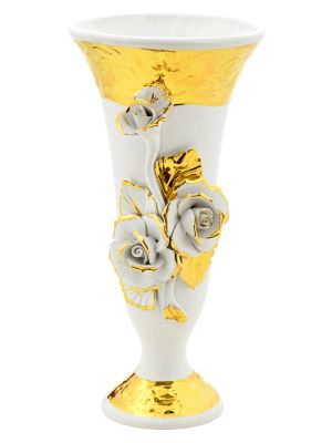 VASO CALICE ROSE Vase Ceramic Artistic Creations Baroque Style 24k Gold Decor Made Italy-White-Gold