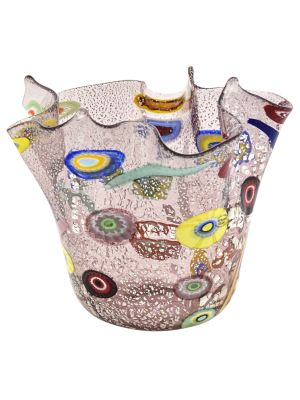 FAZZOLETTO ARGENTO MURRINE Murano Glass Vase Bowl Silverleaf Murrine Venice Made Italy-Pink