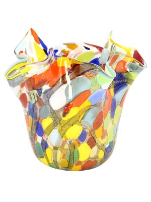 FAZZOLETTO MACCHIE FILI NERI Murano Glass Vase Bowl Gold Leaf Venice Made in Italy