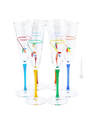 CALICE FLUTE GIGLIO Set 6 flute glasses globlets chalices hand painted crystal Venice authentic Made in Italy