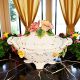 Artistic ceramic tureen in baroque style, decorated with flowers and gold details, handmade.