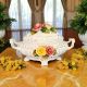 Artistic ceramic tureen in baroque style, enriched with flowers and gold details, handmade.