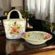 Centerpiece, basket with ceramic bag, decorated with flowers and gold finishes, handmade.