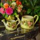 Set of 2 watering cans, ceramic table decoration, with flowers and golden details, handmade.