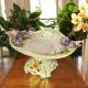 Oval stand, artistic ceramic centerpiece, decorated with flowers and gold details, handmade